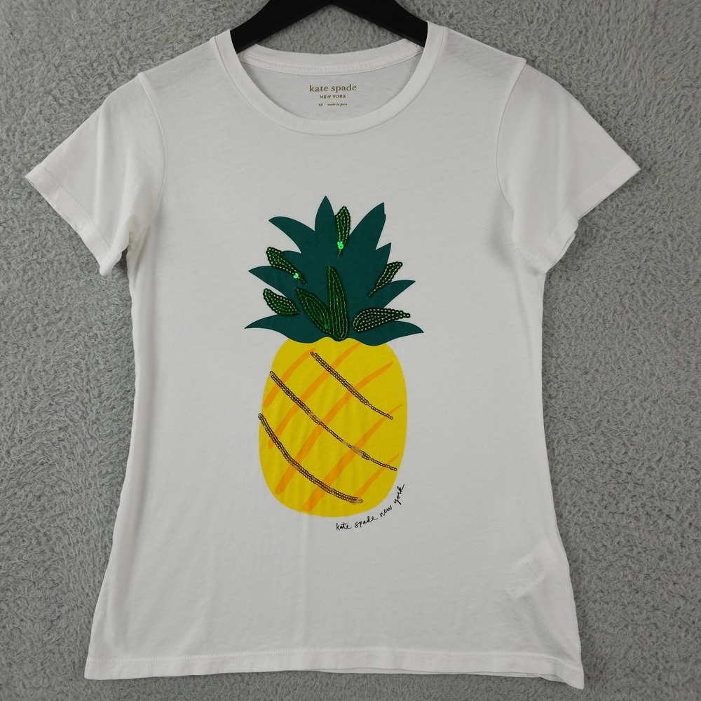 Kate Spade Shirt Womens XS White Green Yellow Sequin Pineapple Crew Neck Tee